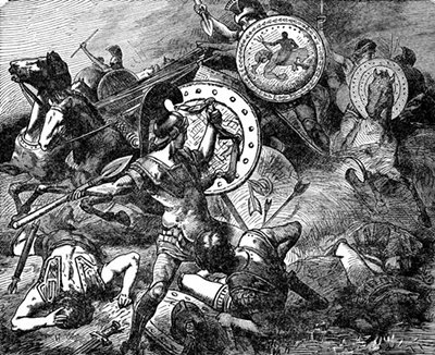 A black and white illustration capturing the intense battle between Romans and Greeks, illustrating the bravery and prowess of both ancient cultures.