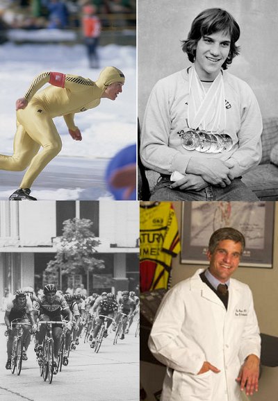 Eric Heiden as collage boy, speed skating, doctor and biker.