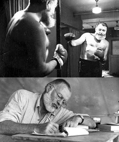 Dual photo of Ernest Hemingway posing for boxing looking in the mirror and writing. 