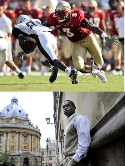 Myron Rolle playing football in Florida state and Rhodes scholar.