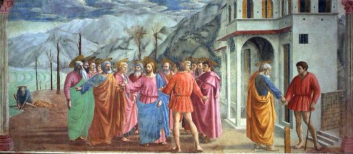 Tribute Money painting of group of peoples by Masaccio.