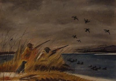 A yellow painting of two men and a dog on a lake, inspired by Robert W. Service's Manvotional.