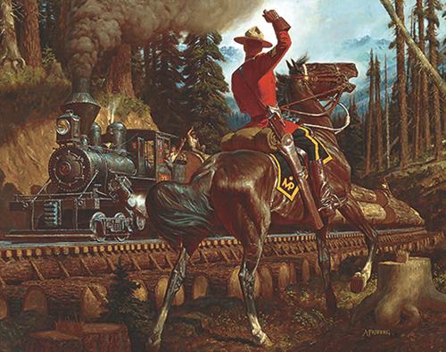 Puffing billy painting a man on a horse by Arnold Friberg.