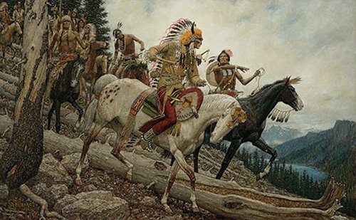 Into new Country painting of Red Indians on a horses by Arnold Friberg.