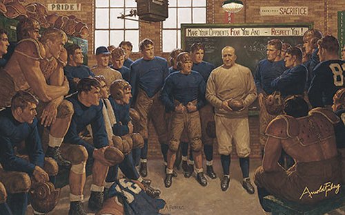 Knute Rockne at Notre dame team holding football painting by Arnold Friberg.
