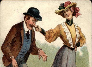 An old postcard capturing a moment of passionate affection between a man and woman.