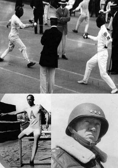 Photos of General George Patton in collage, fencing hurdles and in military.