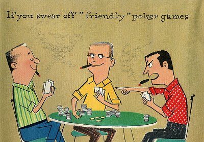 A card displaying three men enjoying a game of poker.