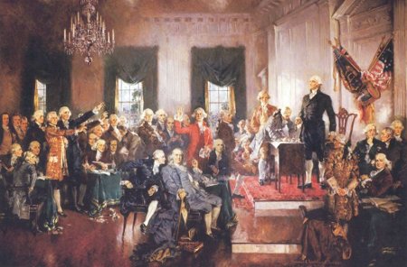 The signing of the declaration of independence by George Washington, a Genteel Patriarch and symbol of American Manliness.