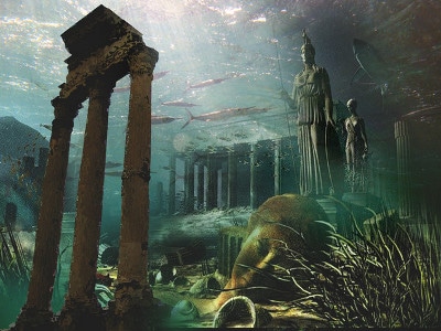 Atlantis underwater city ocean civilization with stone statues.