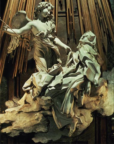 A Baroque period sculpture featuring a statue of an angel and a statue of a woman.