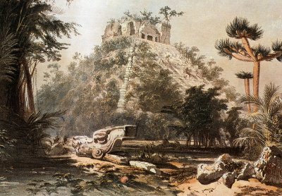 A painting of a castle amid the dense jungle showcasing the allure of lost cities.