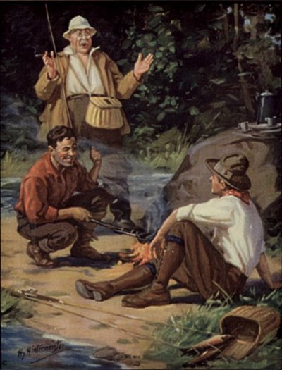 Vintage painting of fisherman telling tall tales.