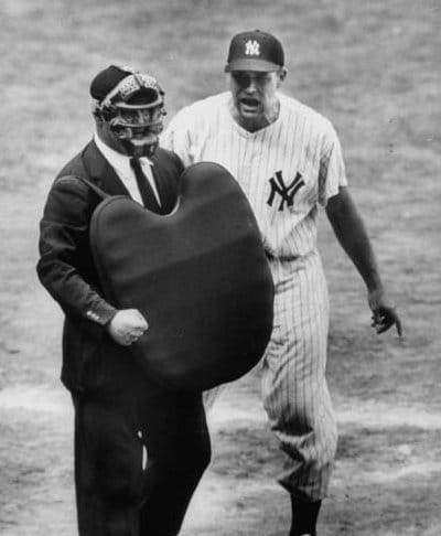 Vintage Yankees baseball player yelling at umpire.