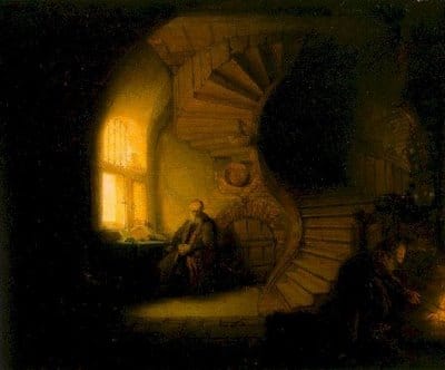 Philosopher in meditation painting by Rembrandt.