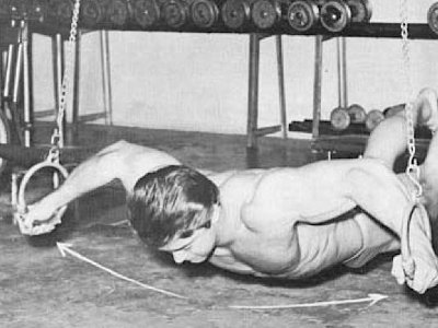 A vintage photo capturing a man performing rigorous ring exercises, showcasing his strength and mastery of bodyweight training.