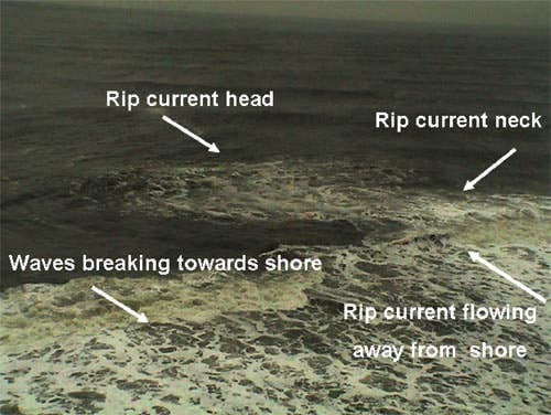 Rip current photo diagram with parts of riptide.