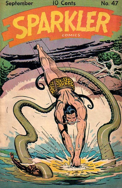 Comic cover of Sparkler in which Tarzan diving into water with snake.