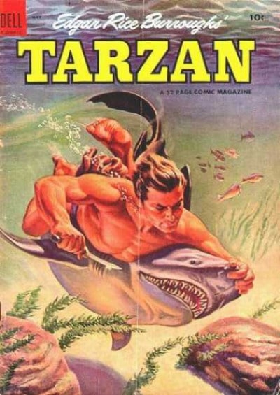 Comic cover of Tarzan fighting with shark by Edgar rice Burroughs.