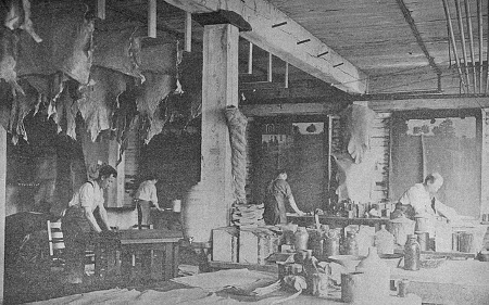 Vintage men working in leather workshop. 