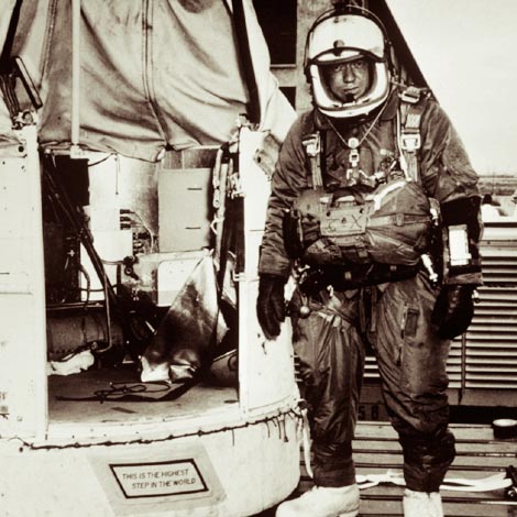 Joseph Kittinger standing for man-high test flight in space suit.