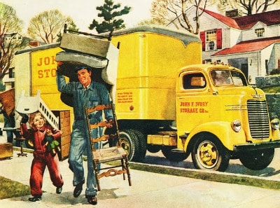 Man and child holding furniture with moving truck illustration.