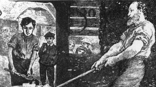 A heroic American man, embodying archetypes of strength and craftsmanship, is depicted in an old black and white drawing as he skillfully wields an anvil.