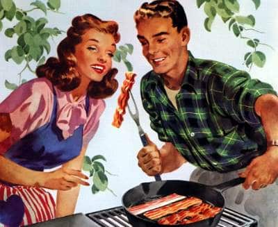 Couple enjoying pan fry bacon illustration.