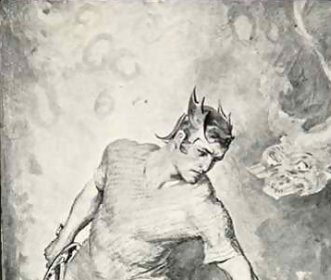 A black and white drawing depicting a manly figure gripping a sword with an air of Beowulf-like strength and valor.