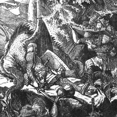 Vintage epic beowulf dying illustration.