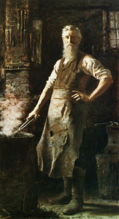 Vintage man in apron and holding blacksmith illustration.