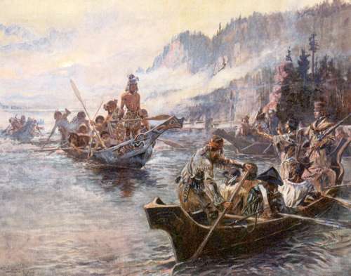 Lewis and Clark canoeing down river illustration. 