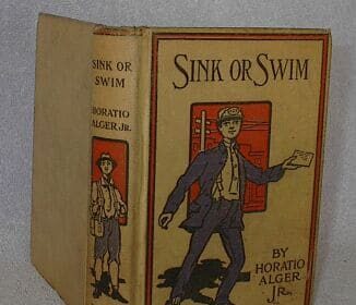 An old book showcasing an American manliness archetype with a picture of a self-made man in a suit.
