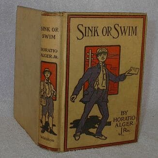 An old book showcasing an American manliness archetype with a picture of a self-made man in a suit.