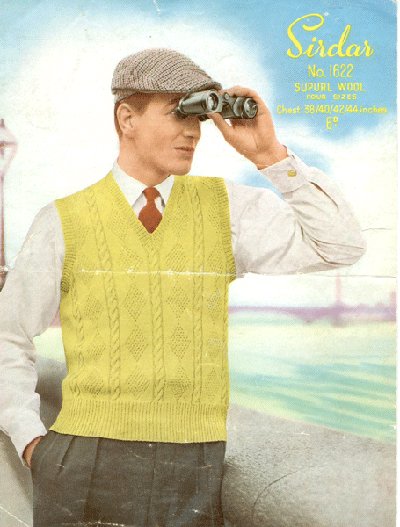 Man holding binoculars and wear Sirdar sweater advertisement. 