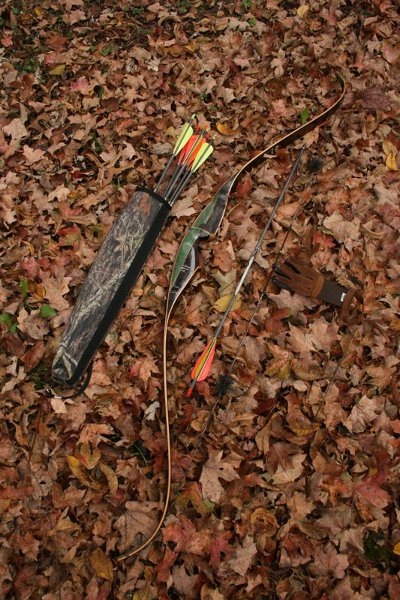 Bow, arrows and gloves placed on the ground covered with leaves. 