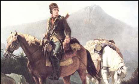 A painting of Daniel Boone on a horse with mountains in the background.