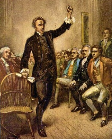 Patrick Henry giving speech to founding fathers.