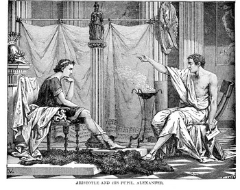 Alexander and Aristotle discussing while sitting.