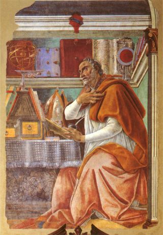 Augustinus wearing robe thinking while reading.