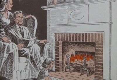 A cozy illustration of a family sitting in front of a fireplace.