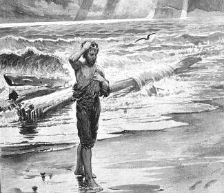 A black and white illustration of a boy standing on the beach, inspired by Henry Wadsworth Longfellow's Psalm of Life.