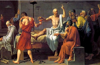 Socrates debating on Philosophy with other men and slaves.