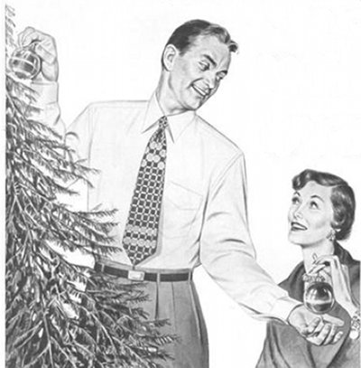 Couple decorating Christmas tree. 
