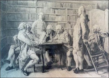Benjamin Ben Franklin meeting with Junto in the library.