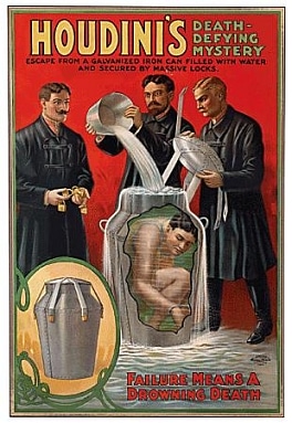 Harry Houdini's poster of milk can magic trick. 