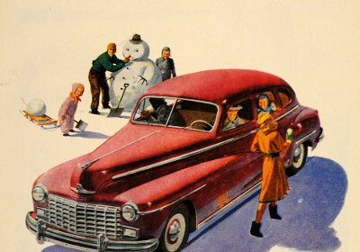 An old ad for a red car with a snowman on it, perfect for driving around the neighborhood.