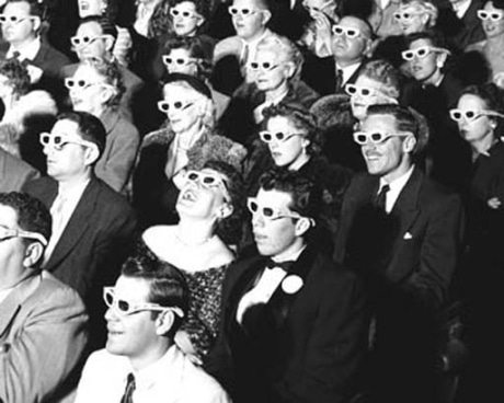 Vintage people enjoying movie theater and wearing 3D glasses. 
