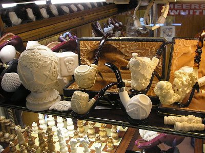 A display of meerschaum pipe at store.