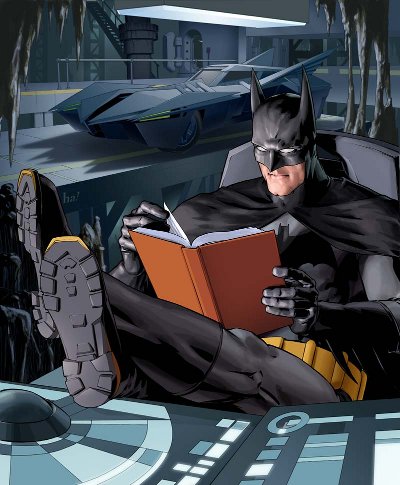 Batman reading book while lying on chair in his secret mansion.